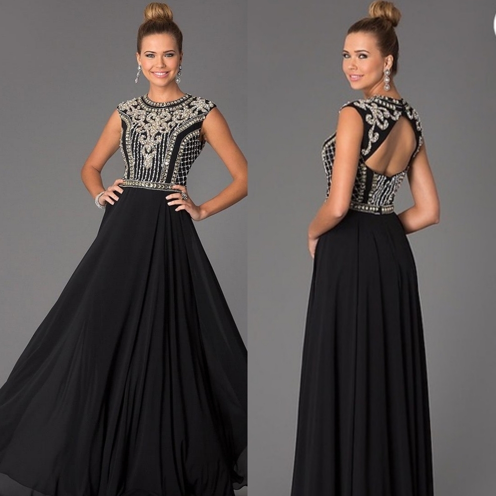 Jovani A-Line Princess Jewel Neckline Beaded Cap Sleeve Long Chiffon Maxi Dress